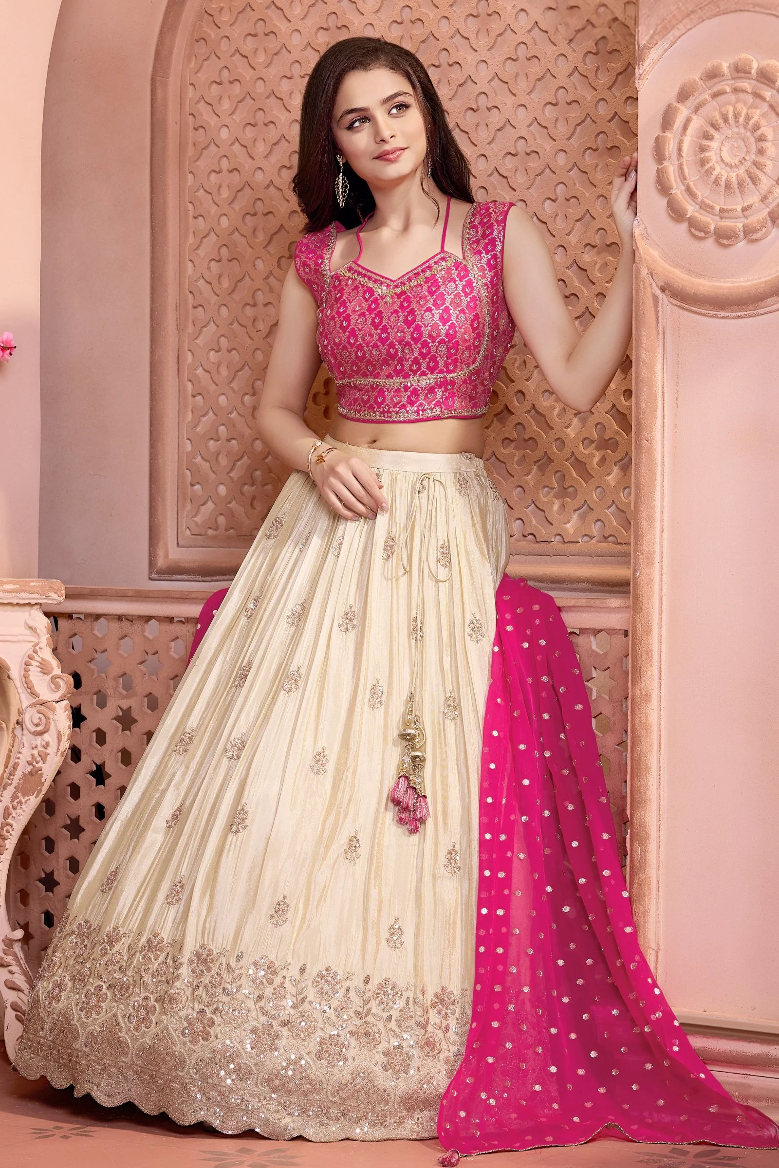 Pink with Cream Banaras Zari, Beads, Sequins and Mirror work Lehenga Choli